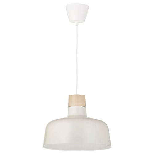 Závěsná lampa BUNKEFLO: bílá, kov a bříza, kopulovitý tvar, minimalistický design.