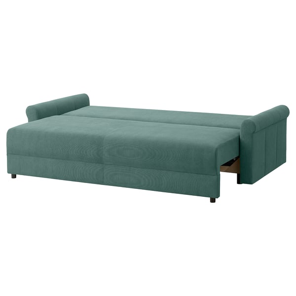 DÅNHULT modrozelená rozkládací pohovka, polstrovaná, konvertibilní, úložný prostor, recyklovaný polyester.