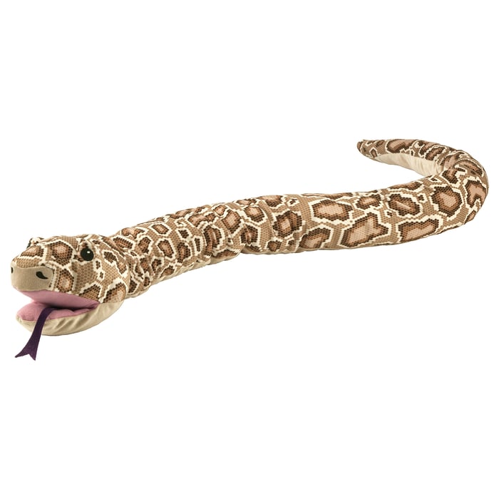 Plyšová python hračka DJUNGELSKOG, béžovo-hnědá, měkký had se vzorem, 70 cm, lze ji obejmout, realistický design.