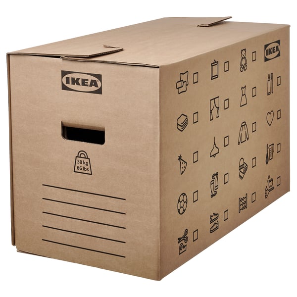 Ikea DUNDERGUBBE hnědá kartonová stěhovací krabice s vyřezávanými úchyty, různými ikonami pro označení obsahu.