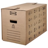 Ikea DUNDERGUBBE hnědá kartonová stěhovací krabice s vyřezávanými úchyty, různými ikonami pro označení obsahu.