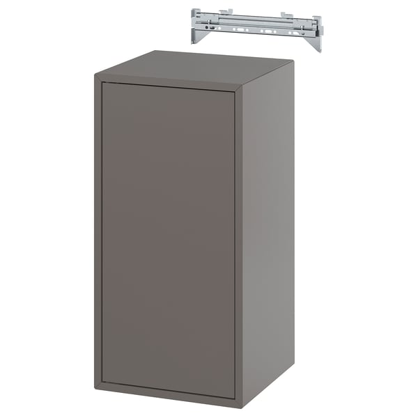 Šedá skříň s jednělými dvířky a kovovou závěsnou tyčí. Moderní, obdélníkový tvar, minimalistický design.