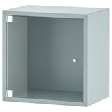 Ikea EKET světle modrý krychlový úložný díl se skleněnými dvířky.