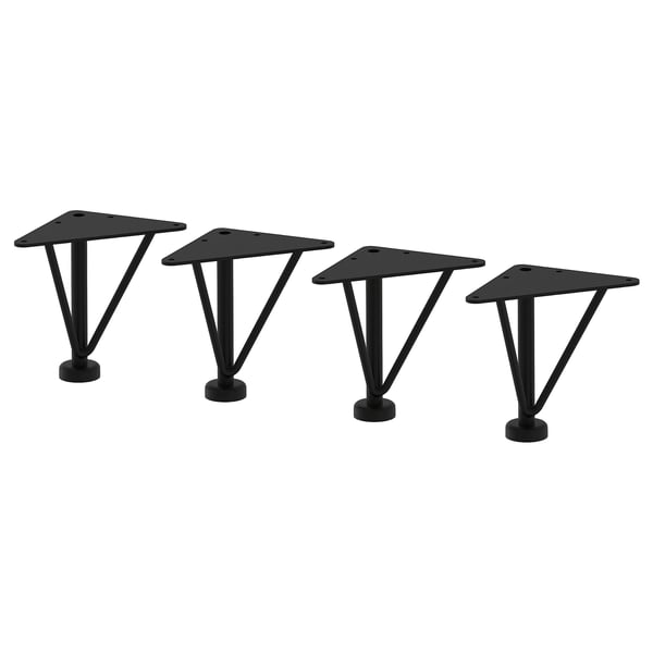 Čtyři černé nábytkové nohy EKET, elegantní moderní design, trojúhelníková základna, práškově lakovaná pro dlouhou životnost.