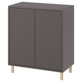 EKET: šedá skříňka se 2 dvířky, dřevěné nohy, čtvercový tvar, jednoduchý design pro minimalistické skladování.