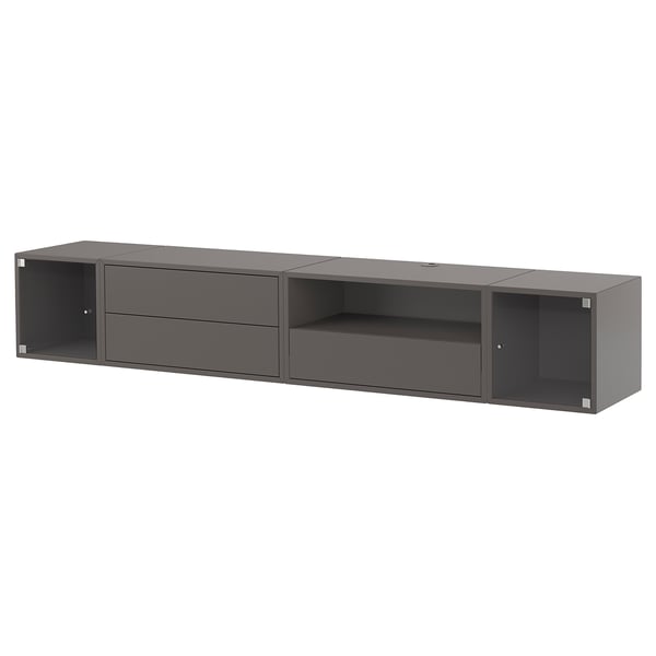 Moderní šedý nástěnný policový díl, minimalistický design, různé úložné možnosti.