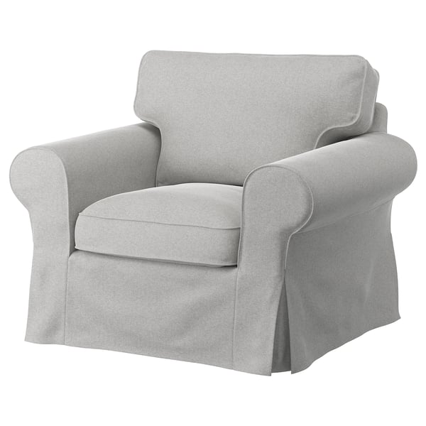 Šedé křeslo EKTORP, elegantní design, měkká látka, zaoblený tvar.