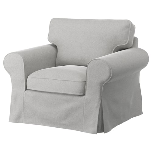Šedé křeslo EKTORP, elegantní design, měkká látka, zaoblený tvar.