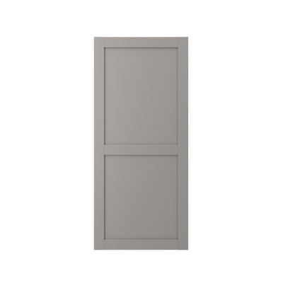 Šedá dvířka skříňky ENHET s moderním, obdélníkovým designem vyrobená z dřevovláknité desky a plastové fólie.