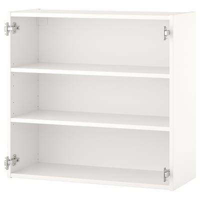 Bílá nástěnná skříňka ENHET se dvěma policemi, dřevovláknitou deskou a dřevotřískou, obdélníkovým designem, kovovými panty.