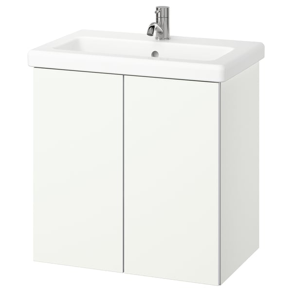 Bílá koupelnová skříňka ENHET s umyvadlem, 2 dveře, nástěnná, minimalistický design.