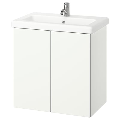 Bílá koupelnová skříňka ENHET s umyvadlem, 2 dveře, nástěnná, minimalistický design.