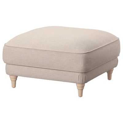 Podnožka ESSEBODA, světle béžová, měkká látka, hranatý tvar, soustružené nohy, elegantní design.