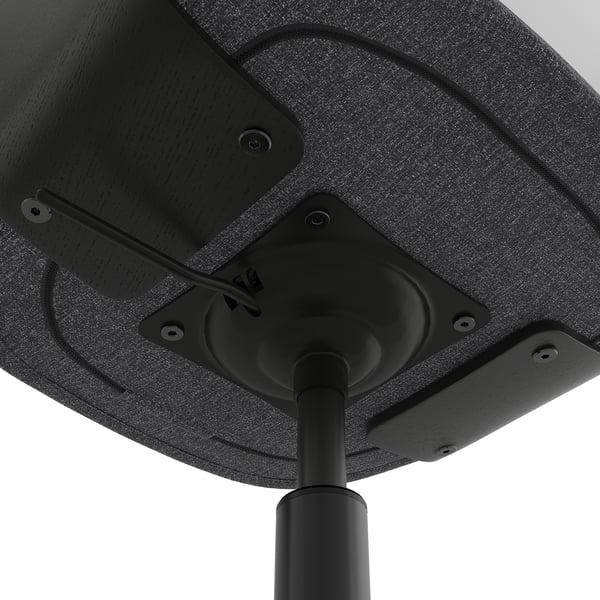 Pohled zespodu na základnu a mechanismus kancelářských židlí FJÄLLBERGET, která představuje kvalitní materiály a bezpečnou konstrukci.