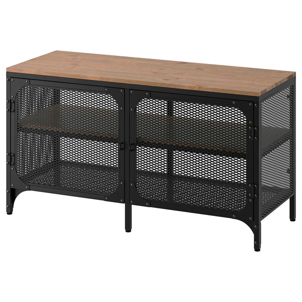 FJÄLLBO TV stolek, černá & dřevo, obdélníkový, industriální design.