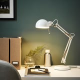 Bílá stolní lampa s nastavitelným ramenem na bílém stole, světlo zaměřené mezi rostliny, láhev na vodu, šanony.