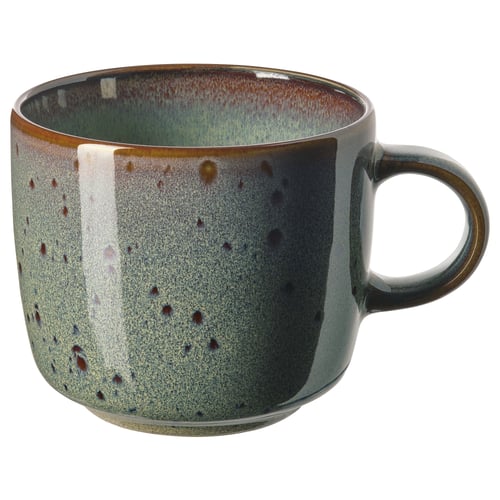 Řemeslně zpracovaný hrnek, série GLADELIG, zelenohnědá glazura, kamenina, kulatý tvar, rustikální design.