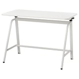 Ikea GLADHÖJDEN bílý psací stůl, čtvercový tvar, kovové nohy, nastavitelná výška.