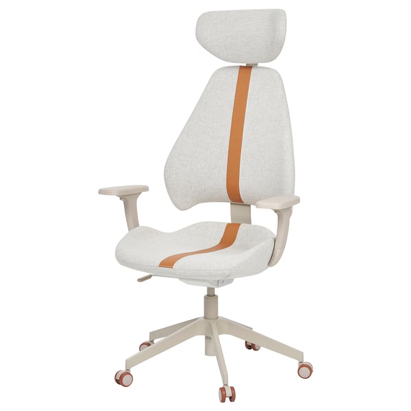 Herní židle GRUPPSPEL v bílé barvě s oranžovými akcenty. Ergonomický design s nastavitelnými opěradly, sedákem, loketními opěrkami a opěrkou hlavy pro pohodlí.
