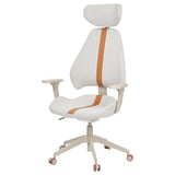 Herní židle GRUPPSPEL v bílé barvě s oranžovými akcenty. Ergonomický design s nastavitelnými opěradly, sedákem, loketními opěrkami a opěrkou hlavy pro pohodlí.