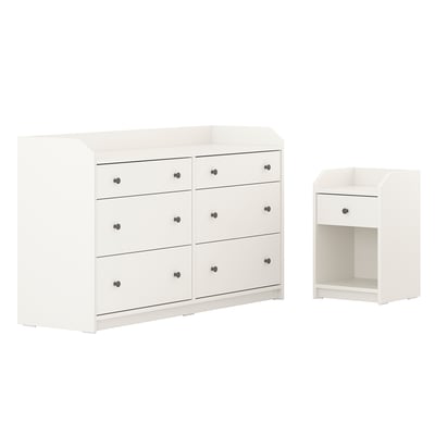 Bílá HAUGA ložnicová sestava: komoda se 6 zásuvkami, noční stolek, jednoduchý design.