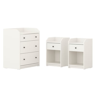 Bílá ložnicová sestava HAUGA: komoda & 2 noční stolky, moderní čistý design.