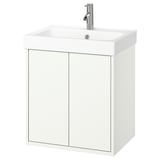 Bílá nástěnná koupelnová skříňka s elegantním designem a jedinou baterií.