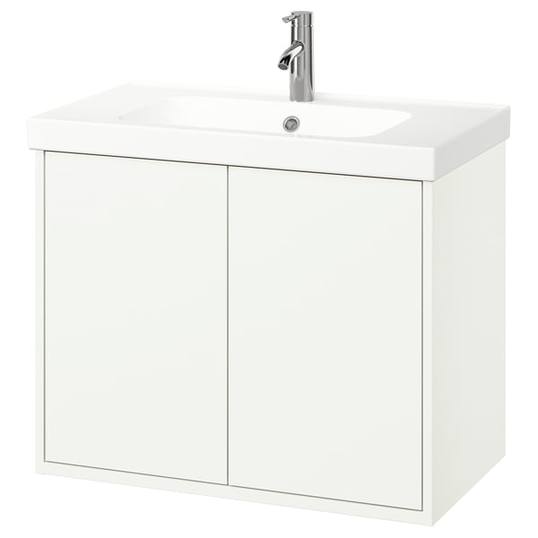 HAVBÄCK bílá koupelnová skříňka, nástěnná, moderní minimalistický design, s čistými liniemi, vyrobená z dřevotřísky a keramického umyvadla.