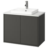 HAVBÄCK: tmavě šedá nástěnná dřezová skříňka, moderní design, čtvercový tvar, s bílou deskou a umyvadlem.