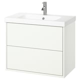 Bílé koupelnové umyvadlo HAVBÄCK se dvěma zásuvkami a čtvercovým umyvadlem, moderní a minimalistický design.