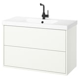 Bílé koupelnové umyvadlo HAVBÄCK, elegantní moderní design, černá mísicí baterie, keramické umyvadlo, nástěnná montáž se 2 zásuvkami.