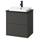 HAVBÄCK šedá nástěnná tmavá umyvadlová skříňka s bílým obdélníkovým umyvadlem, elegantní moderní design.