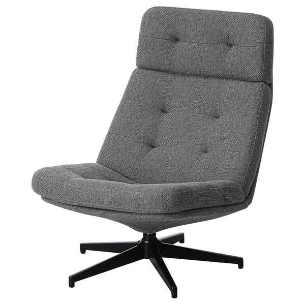 Šedé otočné křeslo HAVBERG, moderní design s prošívaným opěradlem a sedákem, černá základna ve tvaru hvězdy.