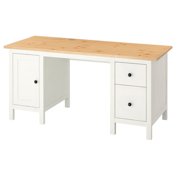 Ikea HEMNES psací stůl, bílá s deskou ze světlého dřeva, masivní borovice, obdélníkový tvar, praktický úložný prostor.