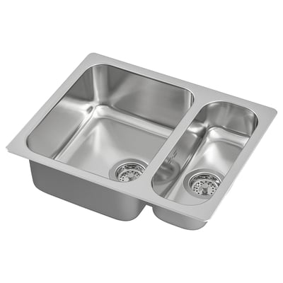Nerezový dvoudřezový dřez, obdélníkový, moderní design.