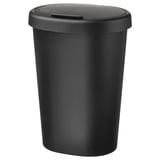 Černý koš na třídění odpadu HÖLASS. Je vyroben z polypropylenového plastu, válcovitý s plochým víkem a má malé otvory pro zajištění sáčků.