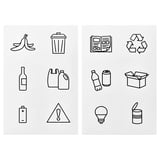 Černobílé samolepky na třídění odpadu, 12 recyklovatelných symbolů.