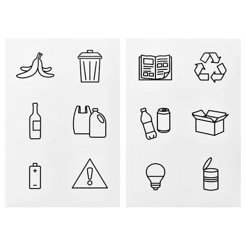 Černobílé samolepky na třídění odpadu, 12 recyklovatelných symbolů.