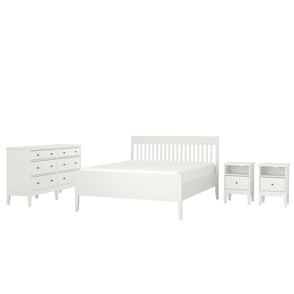 Bílá sedací souprava IDANÄS: manželská postel, dva noční stolky a komoda se šesti zásuvkami. Klasický design, dřevěná konstrukce.