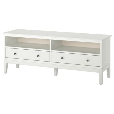 Ikea idanas TV stolek bílý, obdélníkový, se 2 otevřenými policemi a 2 zásuvkami, elegantní moderní design.
