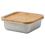 Dóza na potraviny z nerezavějící oceli IKEA 365+ s bambusovým víkem. Obdélníkový, elegantní design. Ideální pro skladování a ohřívání potravin.