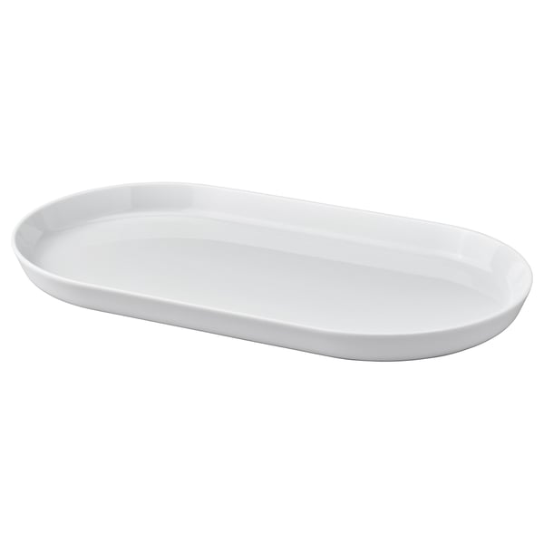 Bílý oválný porcelánový servírovací talíř z IKEA 365+, elegantní a stohovatelný design.