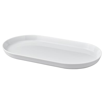 Bílý oválný porcelánový servírovací talíř z IKEA 365+, elegantní a stohovatelný design.