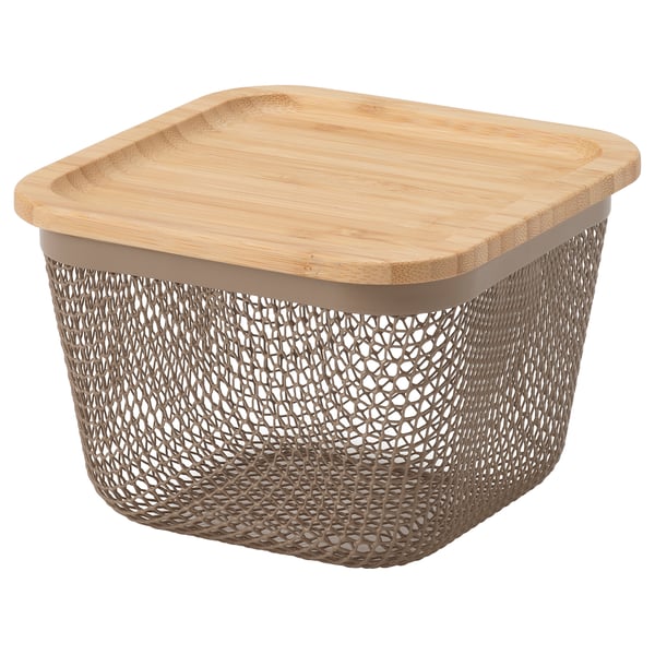 IKEA 365+, šedý síťovaný košík na potraviny s dřevěným víkem, hranatý tvar, prodyšný design.