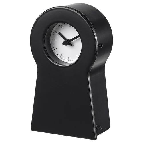 IKEA PS 1995 černé hodiny, moderní design s kulatým ciferníkem, ocelovým tělem, skleněnou přední částí.