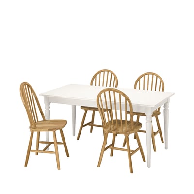 Bílá jídelní sestava INGATORP se čtyřmi dřevěnými židlemi. Čistý, rustikální design.