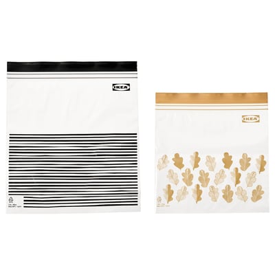 Uzavíratelné sáčky Ikea ISTAD - čiré, obdélníkové, s černými a zlatými pruhy nebo vzory listů, vyrobené z polyetylenového plastu.