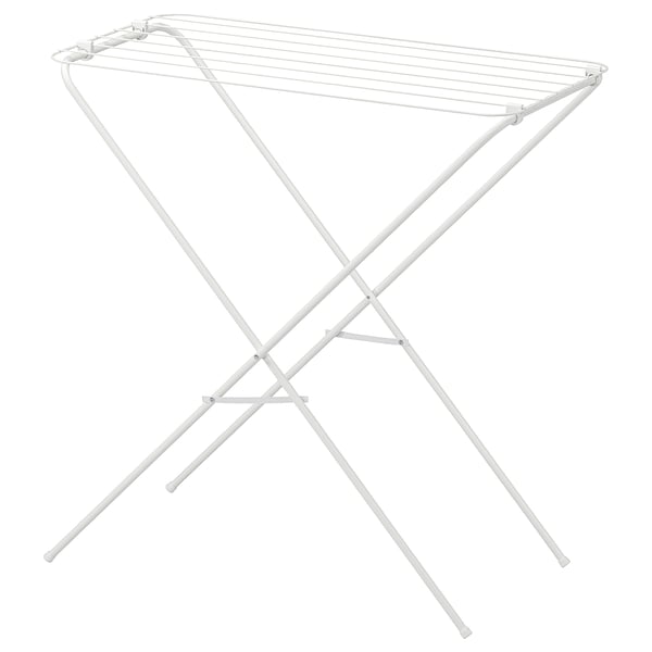 Bílý skládací sušák, minimalistický design pro vnitřní/venkovní použití, šetrný k oblečení.