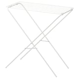 Bílý skládací sušák, minimalistický design pro vnitřní/venkovní použití, šetrný k oblečení.