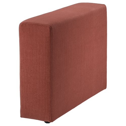 Červený manšestrový obdélníkový taburet, měkká, tmavá textura, moderní design.